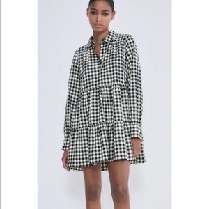 NWT Zara Gingham V Neck Tiered Dress in Black and White